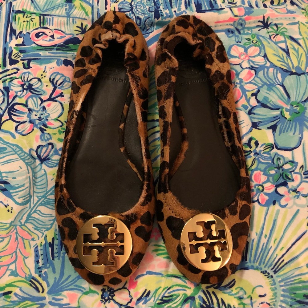 Tory Burch Reva ballet flats leopard pony hair calf animal print elastic size 8